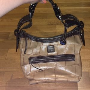 Dooney & Bourke Small Stretch Slouch Taupe W/Brown Leather Shoulder Bag